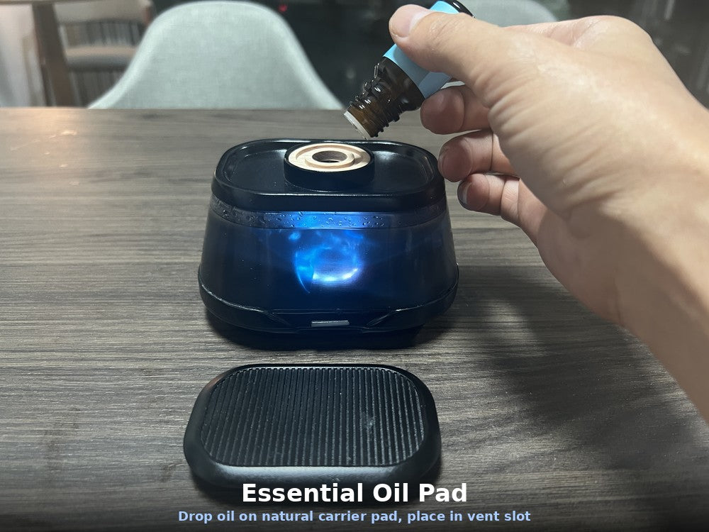 icuktaa essential oil on natural carrier pad — drop oil on wood pad, place in vent slot, switch scents with zero cross-contamination