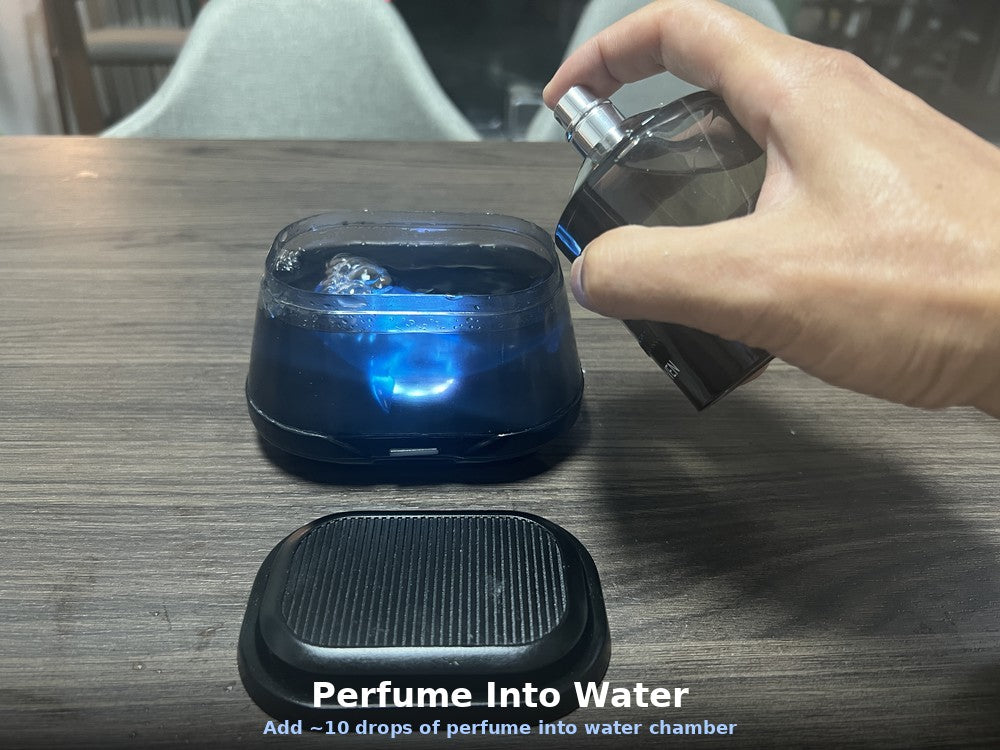 icuktaa perfume into water demonstration — add 10 drops of perfume directly into water chamber, scent diffuses through bubbles