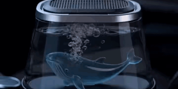 Whaley breathing in water chamber with rising bubbles