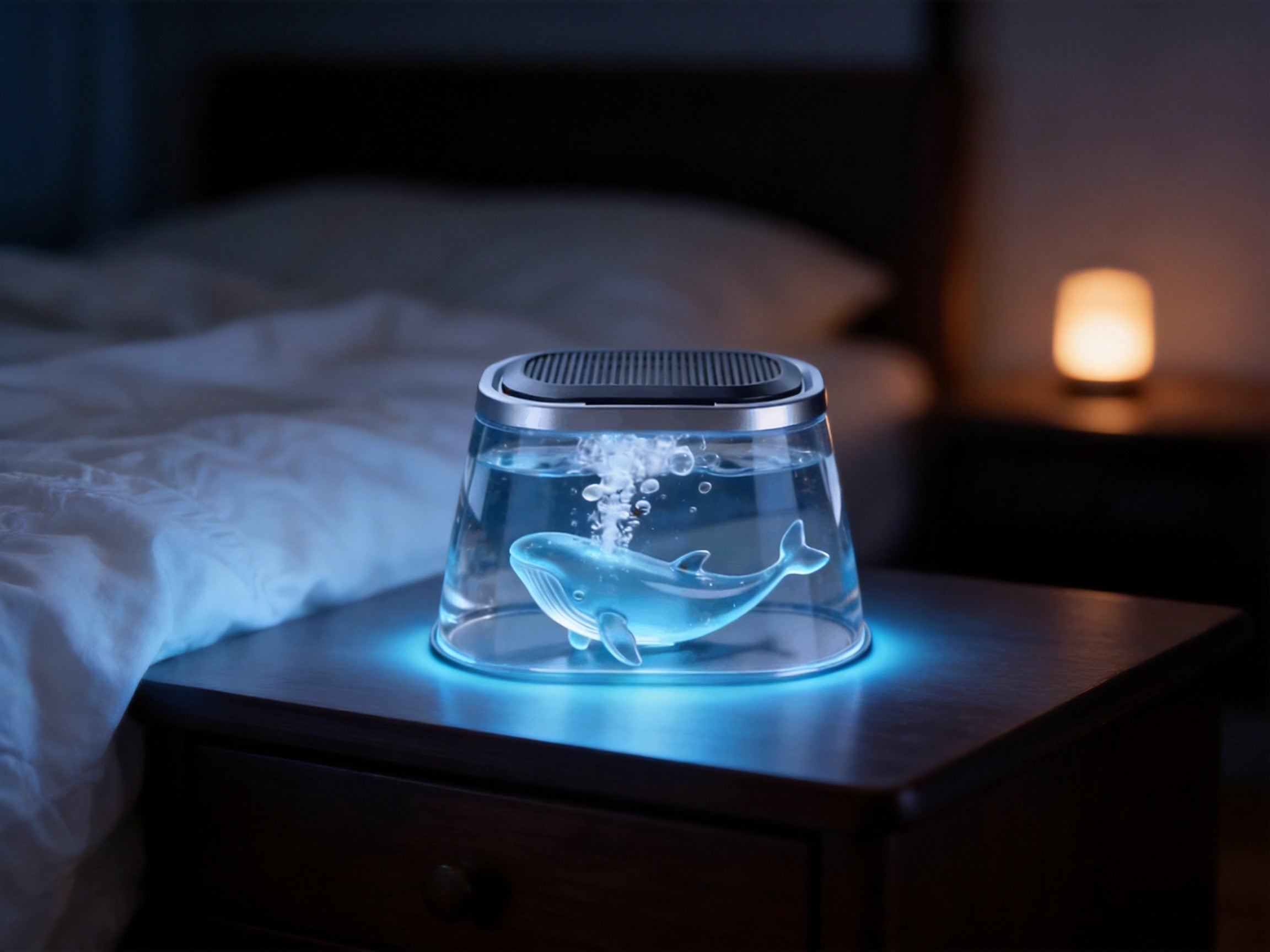 icuktaa glowing at night on bedside table with blue ambient light