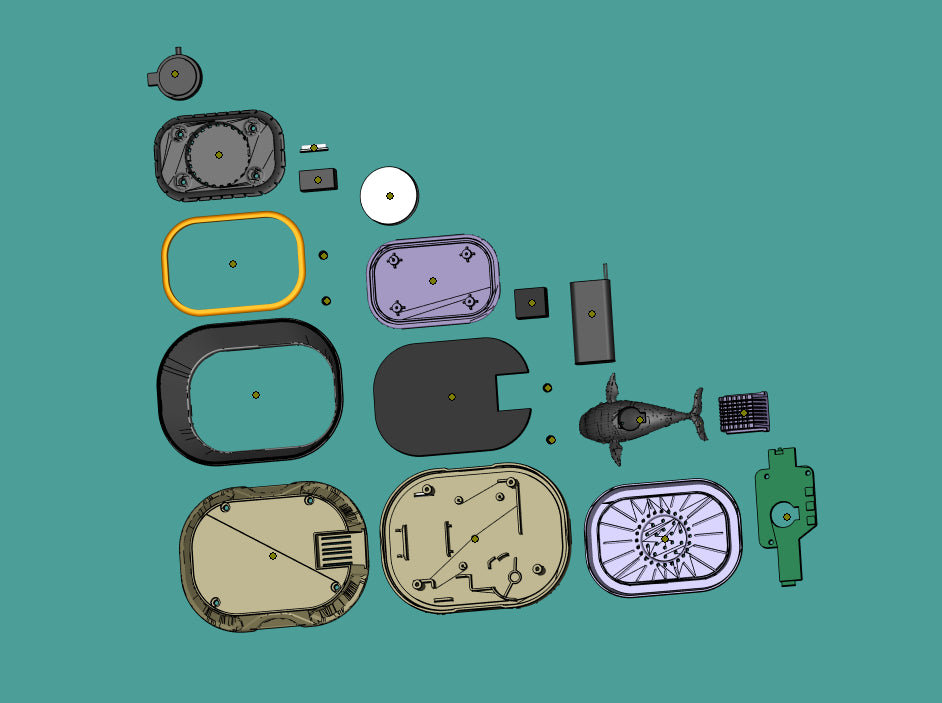 icuktaa design sketch — whale-inspired product concept, 3D CAD exploded view showing all components